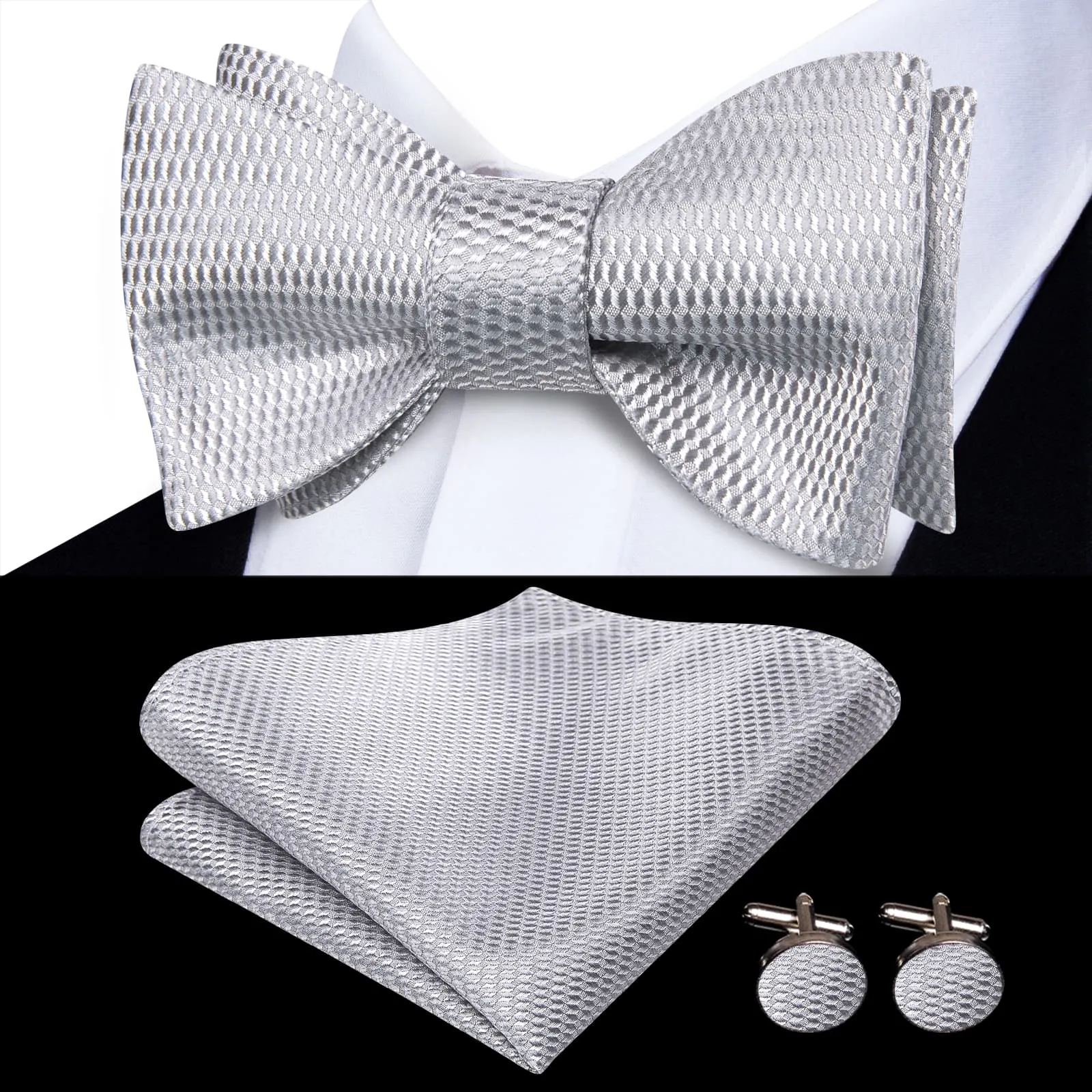 Hi-Tie Silver Grey Self-Tied Bowtie Geometric Tie Hanky Cufflinks Set