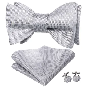 Hi-Tie Silver Grey Self-Tied Bowtie Geometric Tie Hanky Cufflinks Set