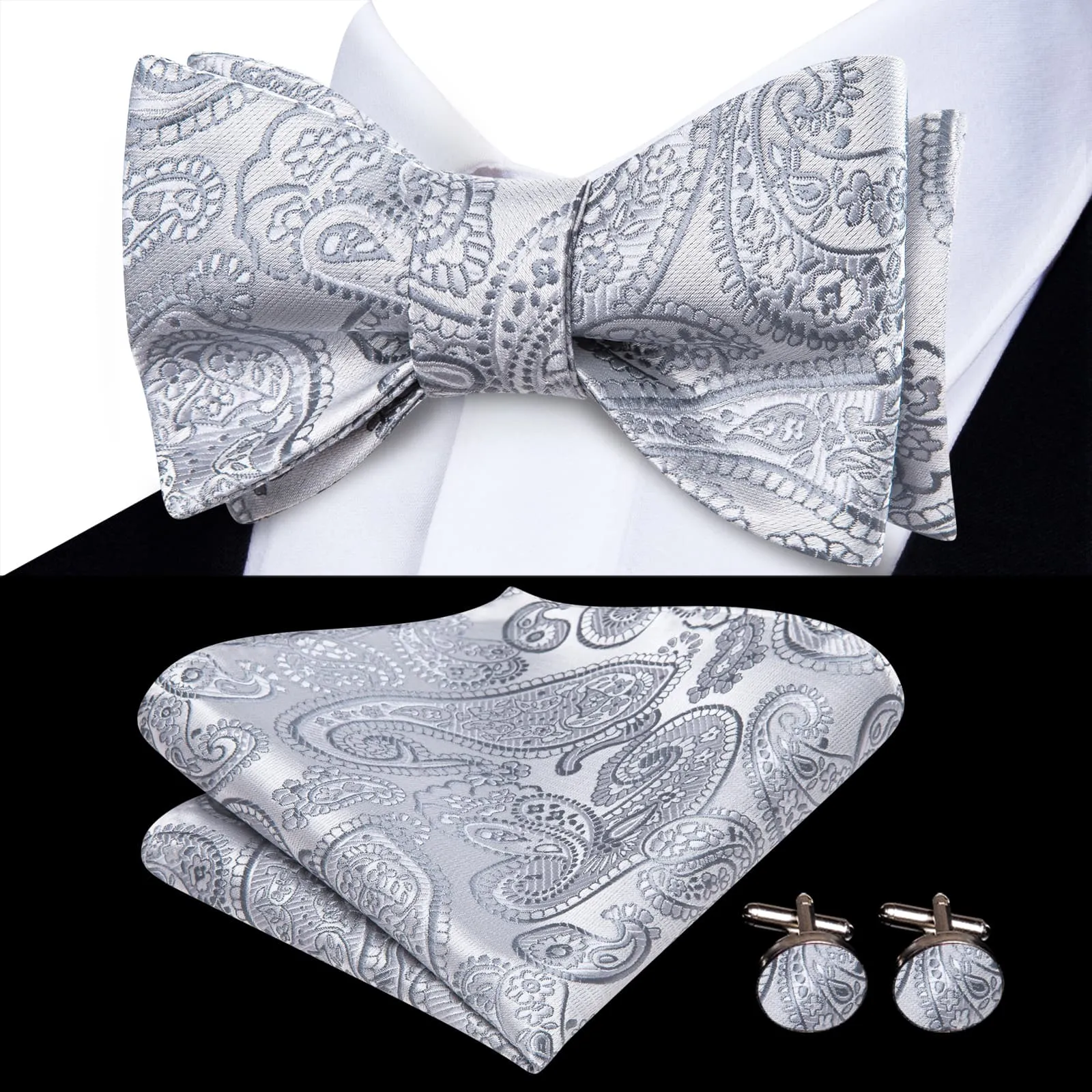 Hi-Tie Silver Grey Self-Tied Bowtie Paisley Tie Hanky Cufflinks Set