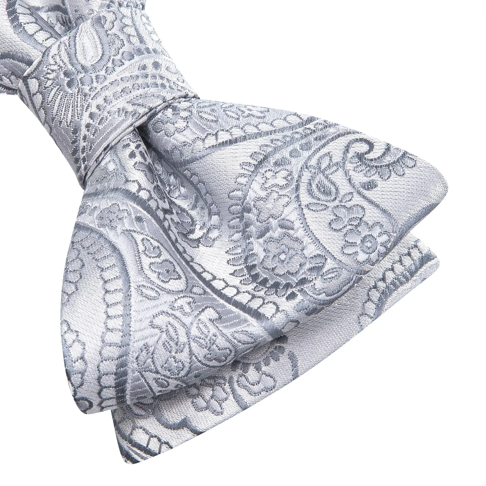 Hi-Tie Silver Grey Self-Tied Bowtie Paisley Tie Hanky Cufflinks Set