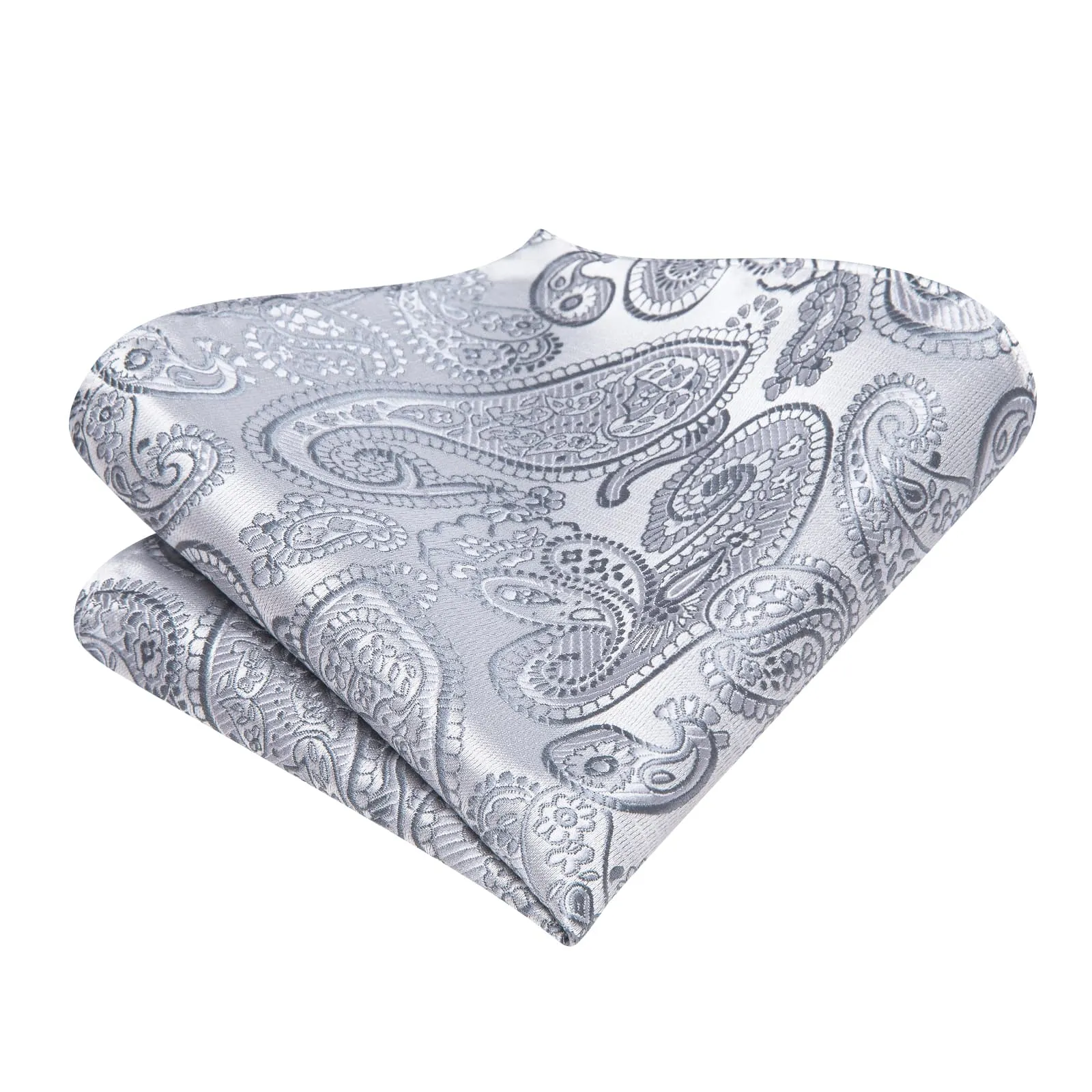 Hi-Tie Silver Grey Self-Tied Bowtie Paisley Tie Hanky Cufflinks Set