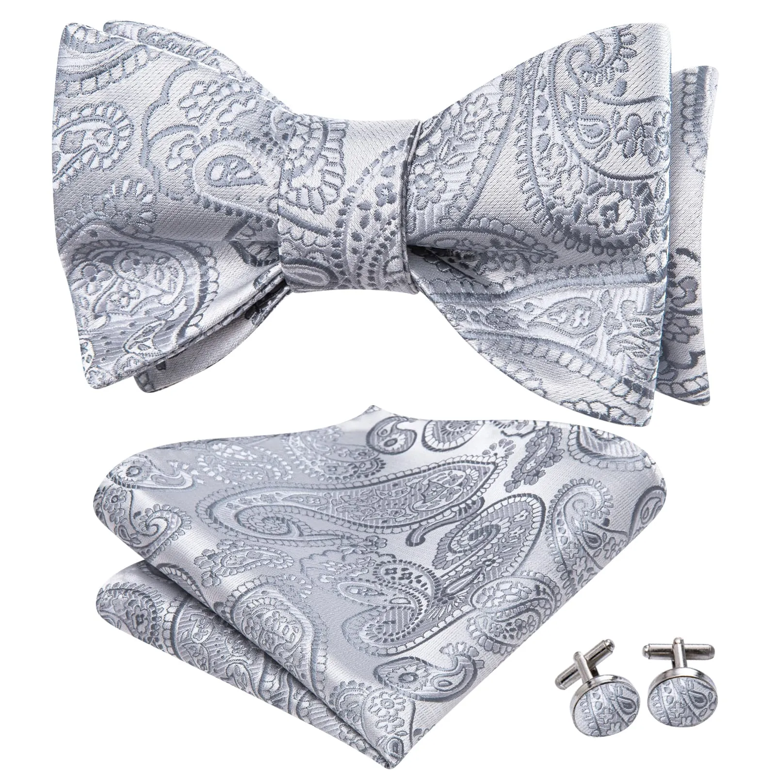 Hi-Tie Silver Grey Self-Tied Bowtie Paisley Tie Hanky Cufflinks Set