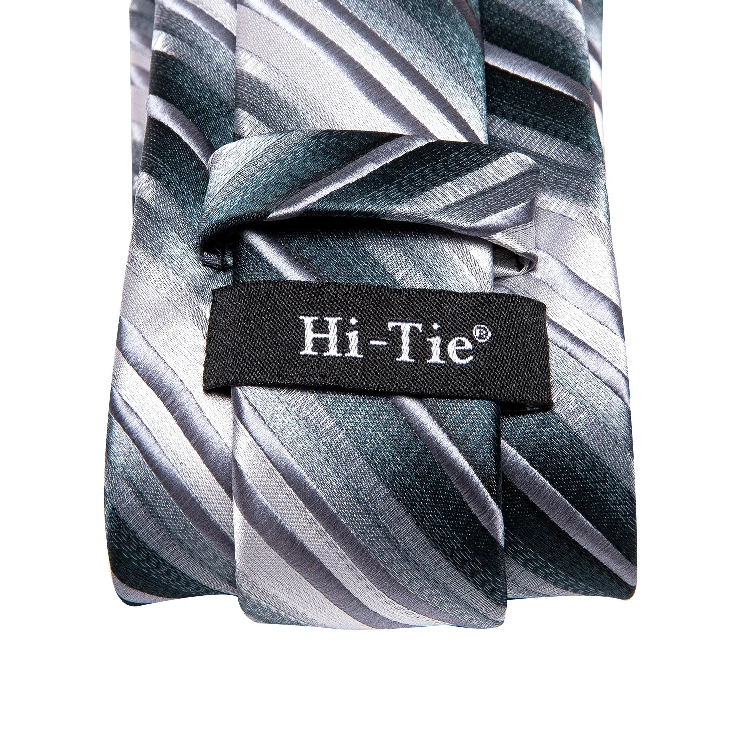 Hi-Tie Silver Grey White Striped Men's Tie Pocket Square Cufflinks Set