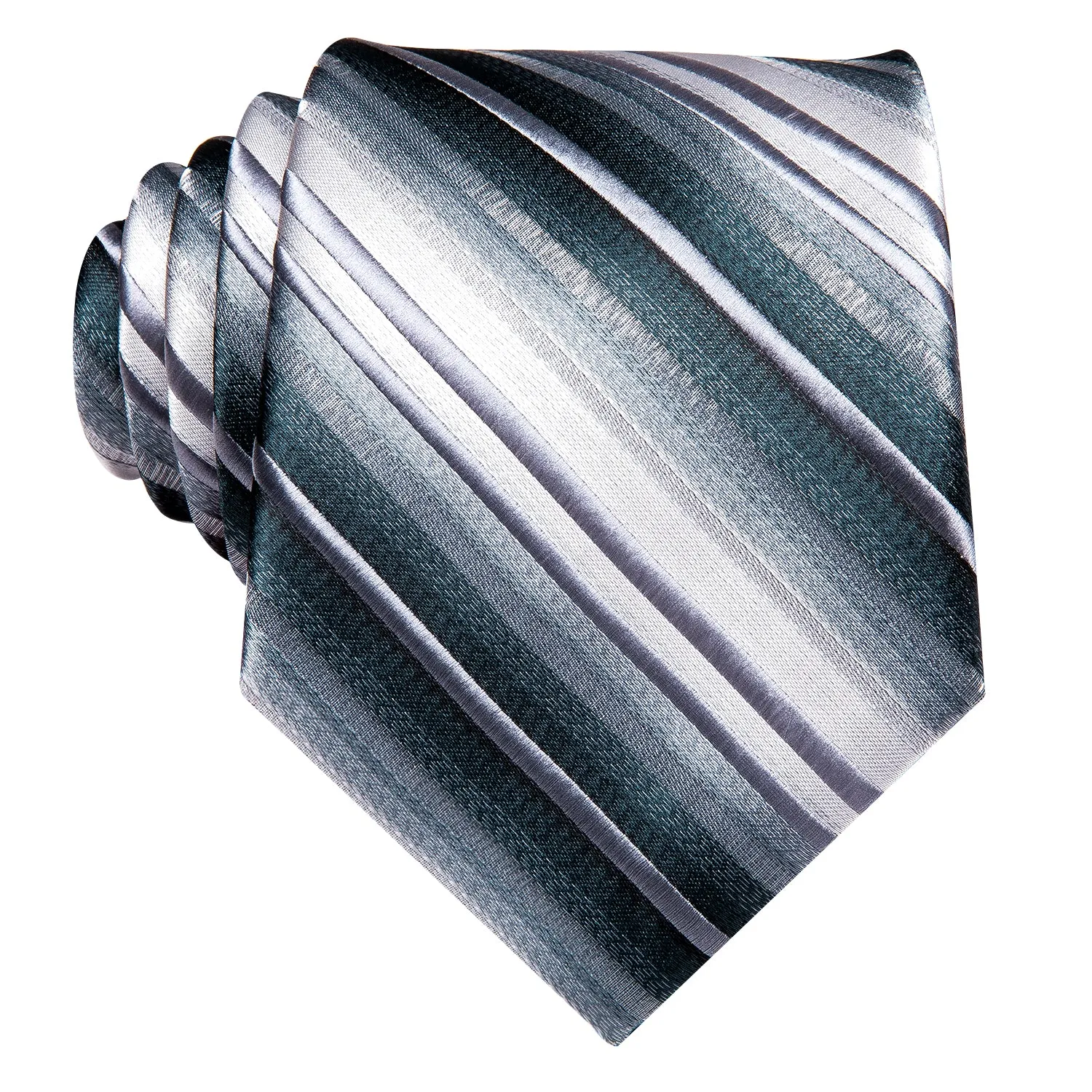 Hi-Tie Silver Grey White Striped Men's Tie Pocket Square Cufflinks Set