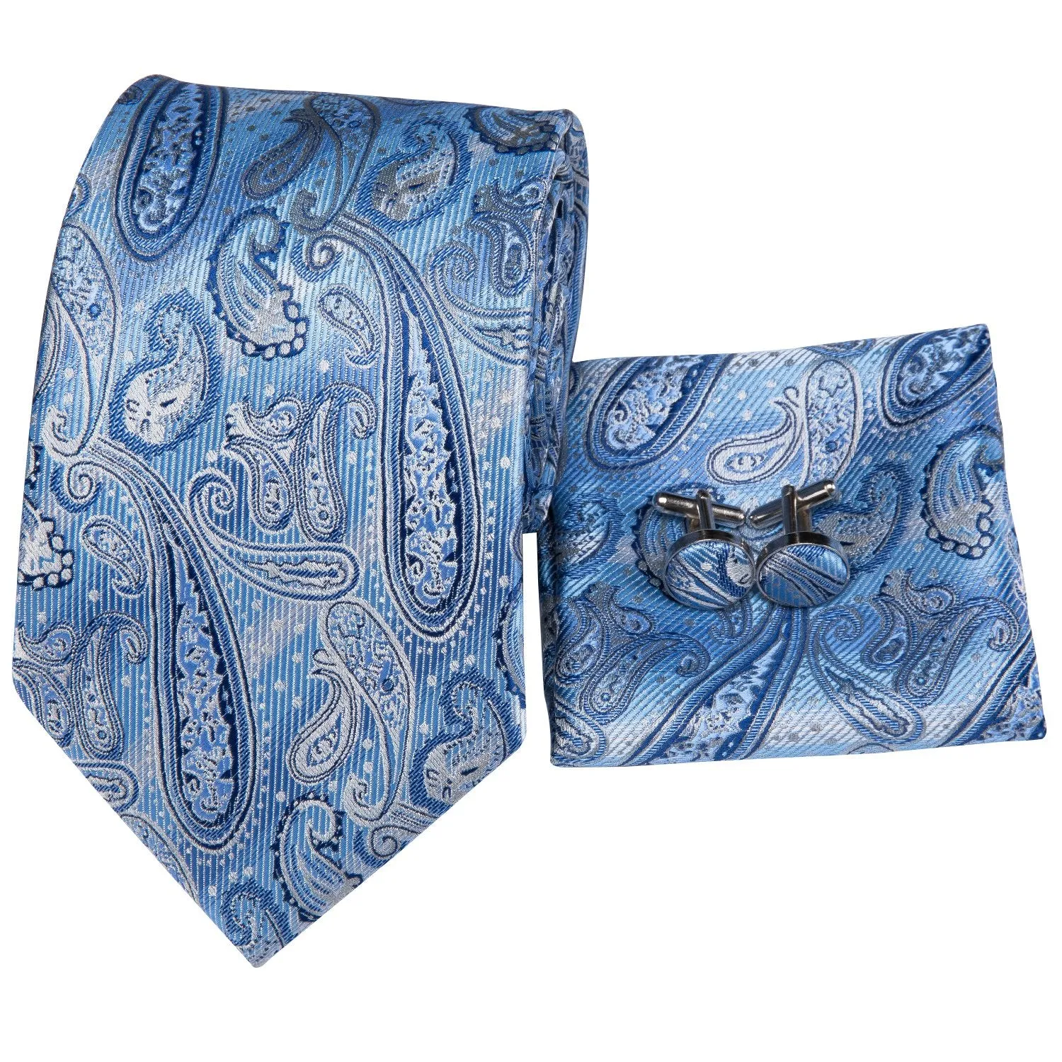 Hi-Tie Sky Blue Paisley Necktie Pocket Square Cufflinks Set for Men