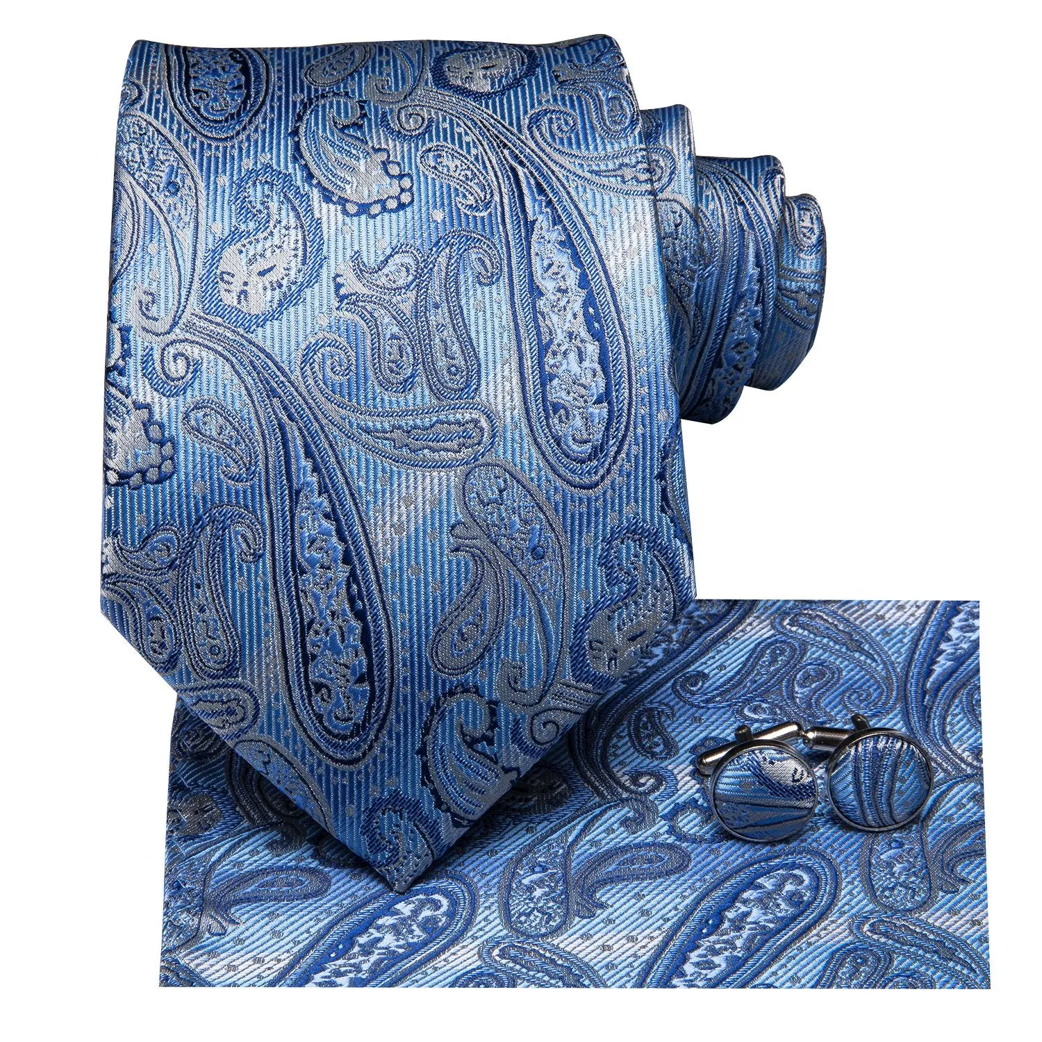 Hi-Tie Sky Blue Paisley Necktie Pocket Square Cufflinks Set for Men