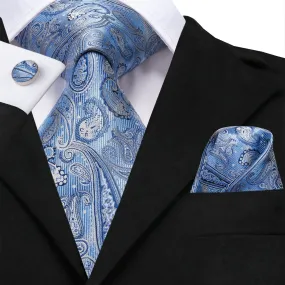 Hi-Tie Sky Blue Paisley Necktie Pocket Square Cufflinks Set for Men