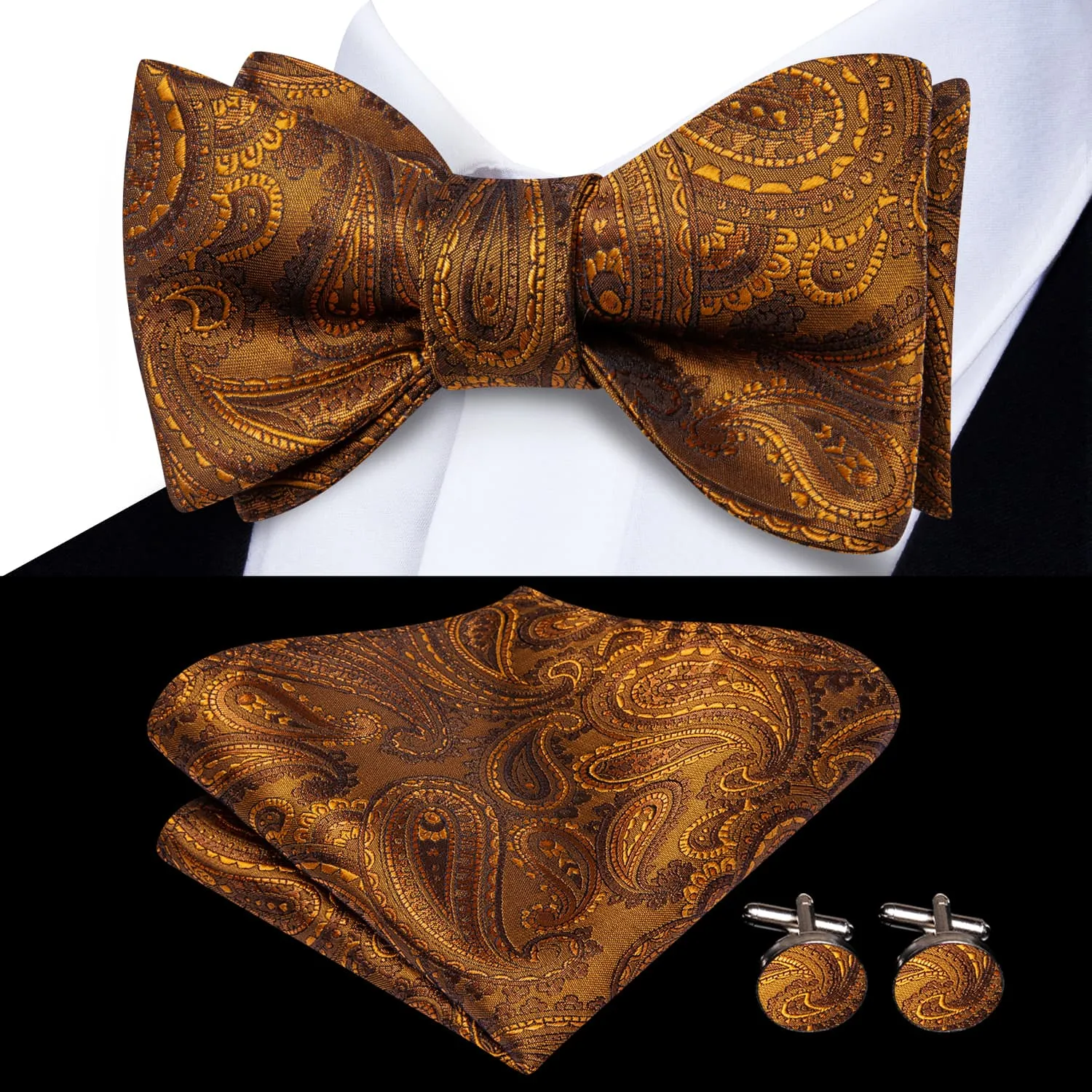 Hi-Tie Tawny Brown Paislry Jacquard Mens Formal Bowtie Hanky Cufflinks Set