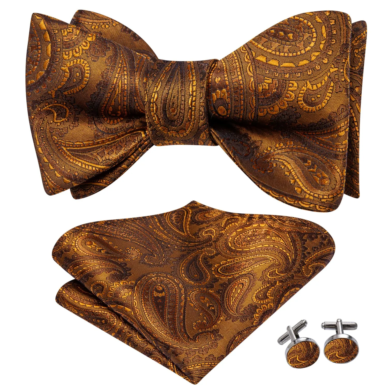 Hi-Tie Tawny Brown Paislry Jacquard Mens Formal Bowtie Hanky Cufflinks Set