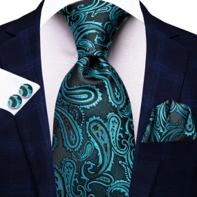 Hi-Tie Teal Blue Paisley Jacquard Mens Tie Pocket Square Cufflinks Set