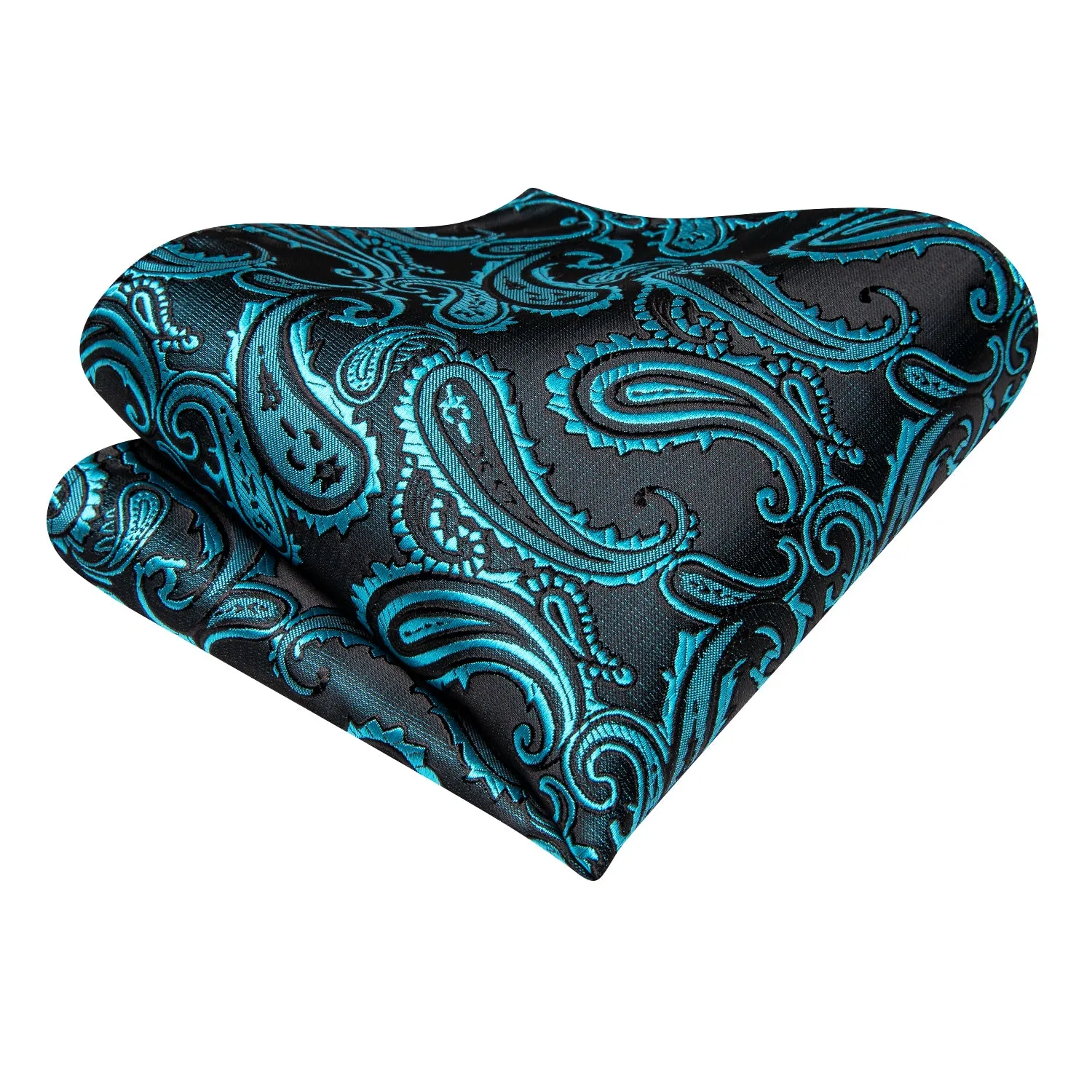 Hi-Tie Teal Blue Paisley Jacquard Mens Tie Pocket Square Cufflinks Set