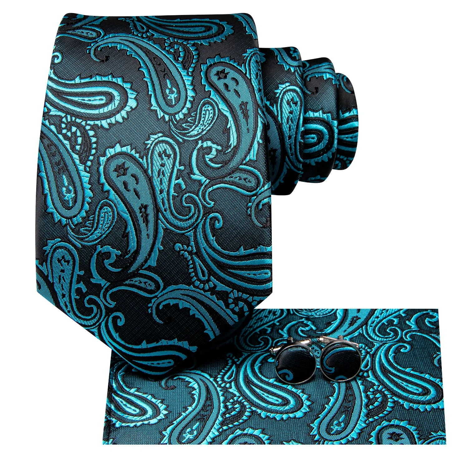 Hi-Tie Teal Blue Paisley Jacquard Mens Tie Pocket Square Cufflinks Set