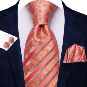 Hi-Tie Tomato Orange Ties Grey Striped Tie Pocket Square Cufflinks Set