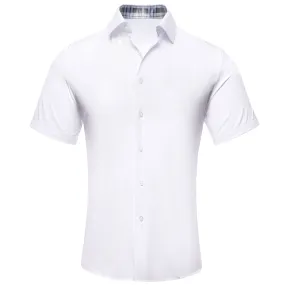 Hi-Tie White Solid Dress Shirt Grey Collar Silk Men Short Sleeve Shirt