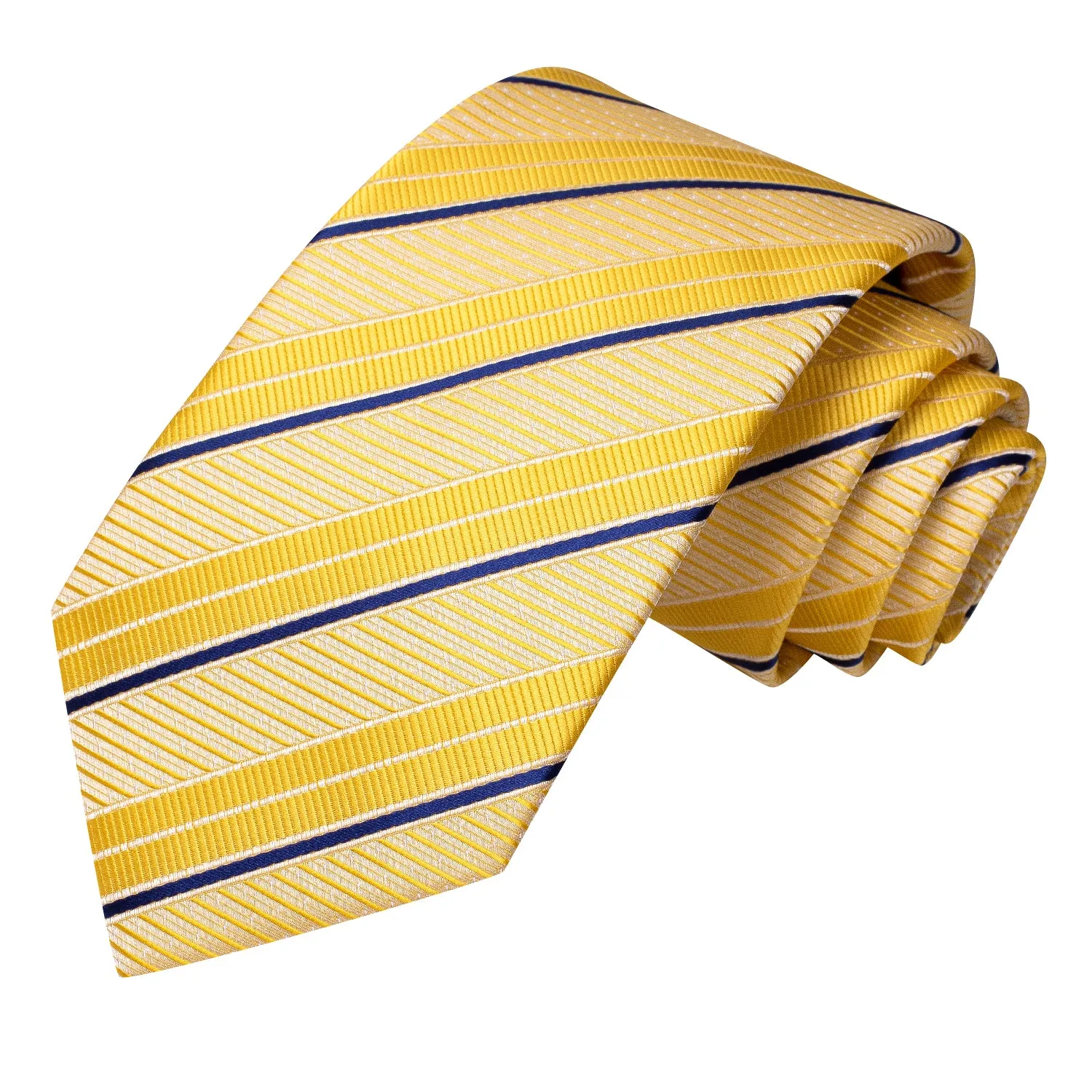 Hi-Tie Yellow Necktie Blue Stripes Men Tie Pocket Square Cufflinks Set