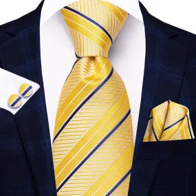 Hi-Tie Yellow Necktie Blue Stripes Men Tie Pocket Square Cufflinks Set