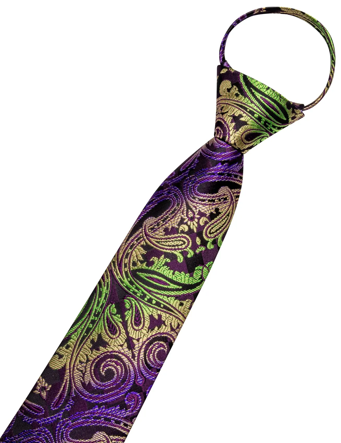 Hi-Tie Zipper Tie Men Purple Green Yellow Paisley Pre-Tied Necktie Set