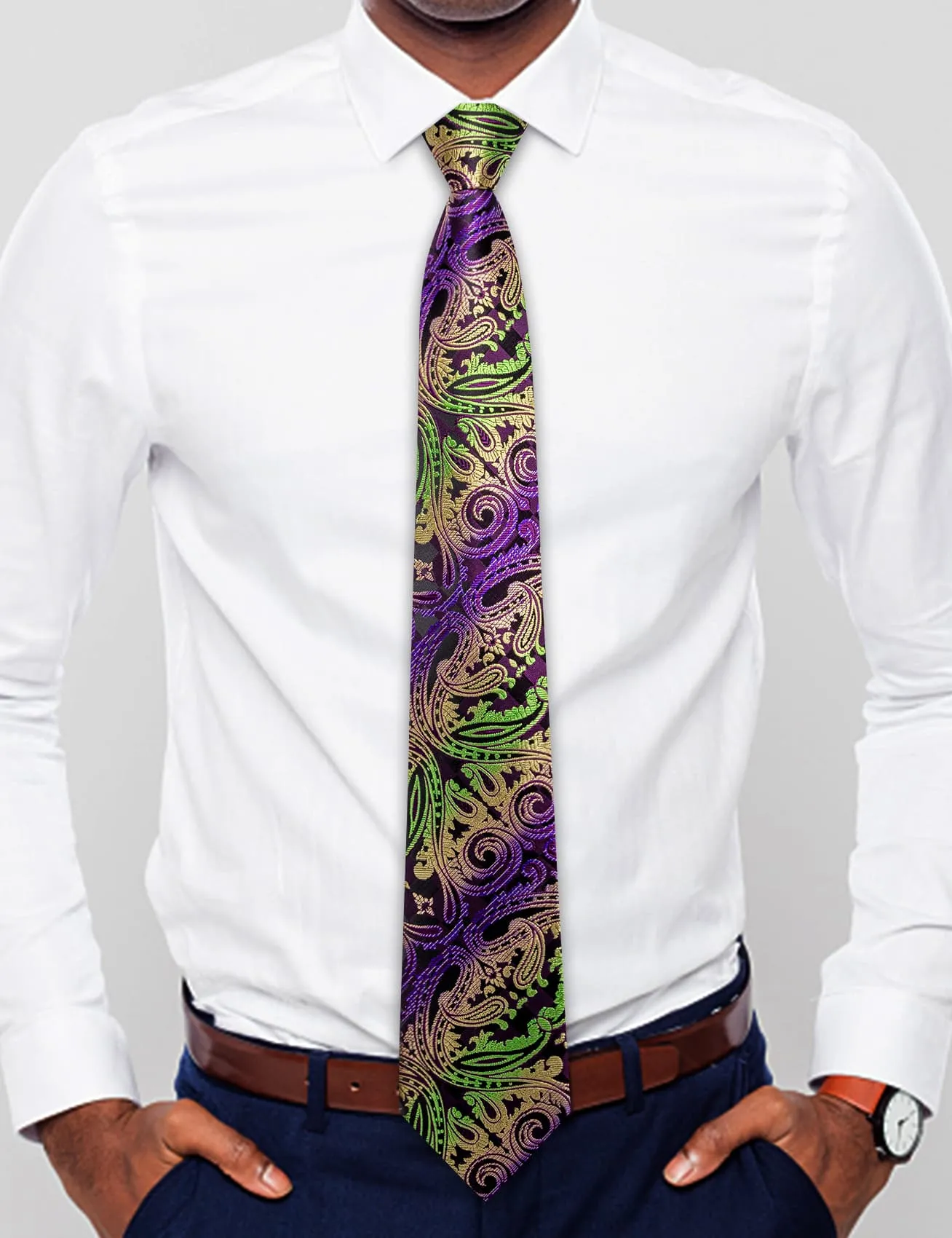 Hi-Tie Zipper Tie Men Purple Green Yellow Paisley Pre-Tied Necktie Set