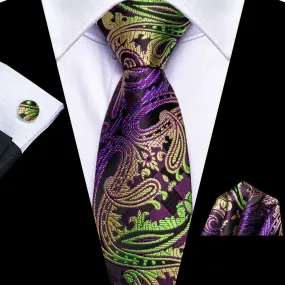 Hi-Tie Zipper Tie Men Purple Green Yellow Paisley Pre-Tied Necktie Set