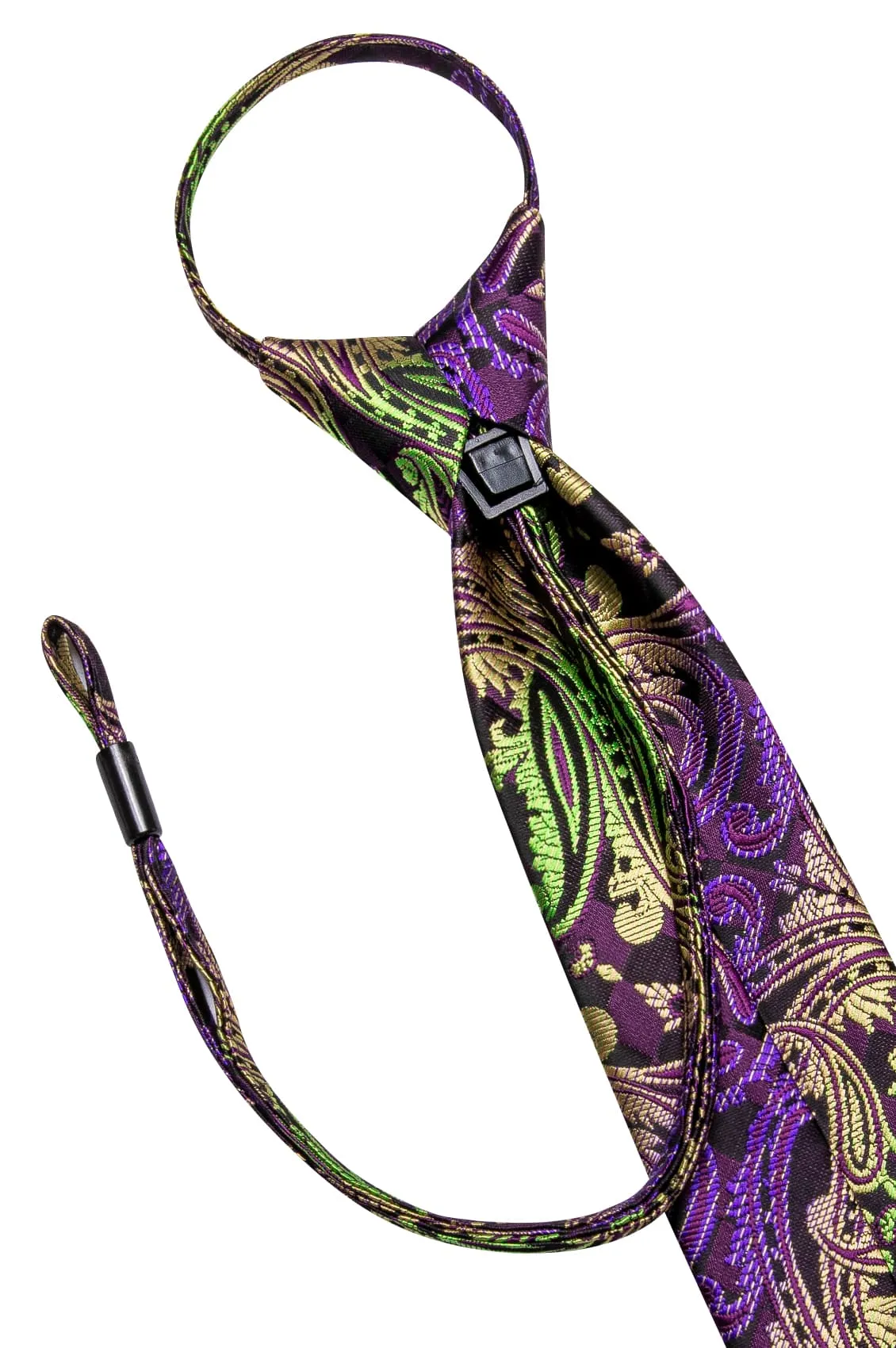 Hi-Tie Zipper Tie Men Purple Green Yellow Paisley Pre-Tied Necktie Set