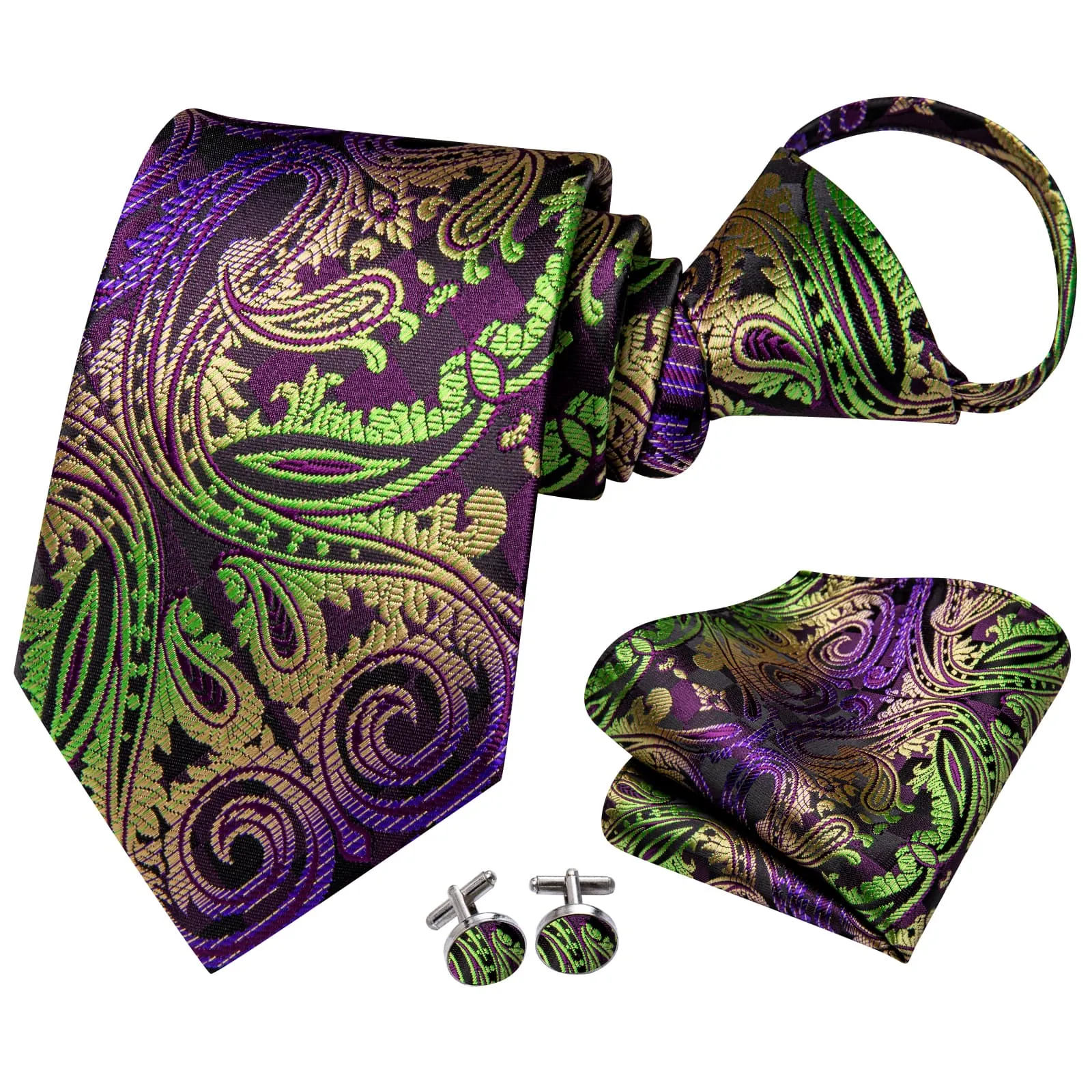 Hi-Tie Zipper Tie Men Purple Green Yellow Paisley Pre-Tied Necktie Set