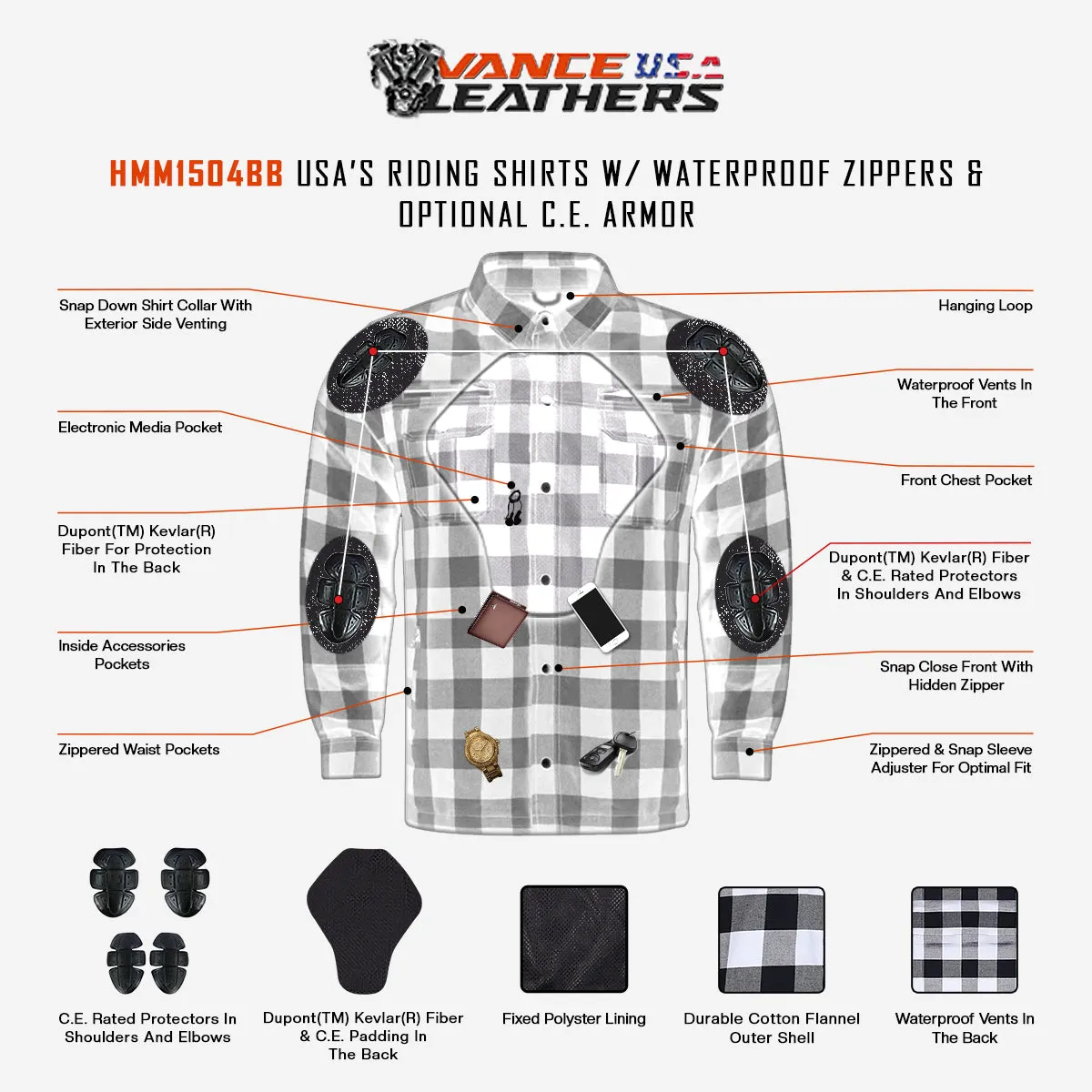 HMM1504WB Vance Leathers USA’s Riding Shirts with Waterproof Zippers & Optional C.E. Armor