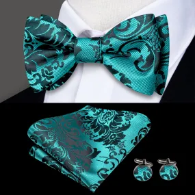 Lake Blue Paisley Silk Self-tied Bow Tie Pocket Square Cufflinks Set