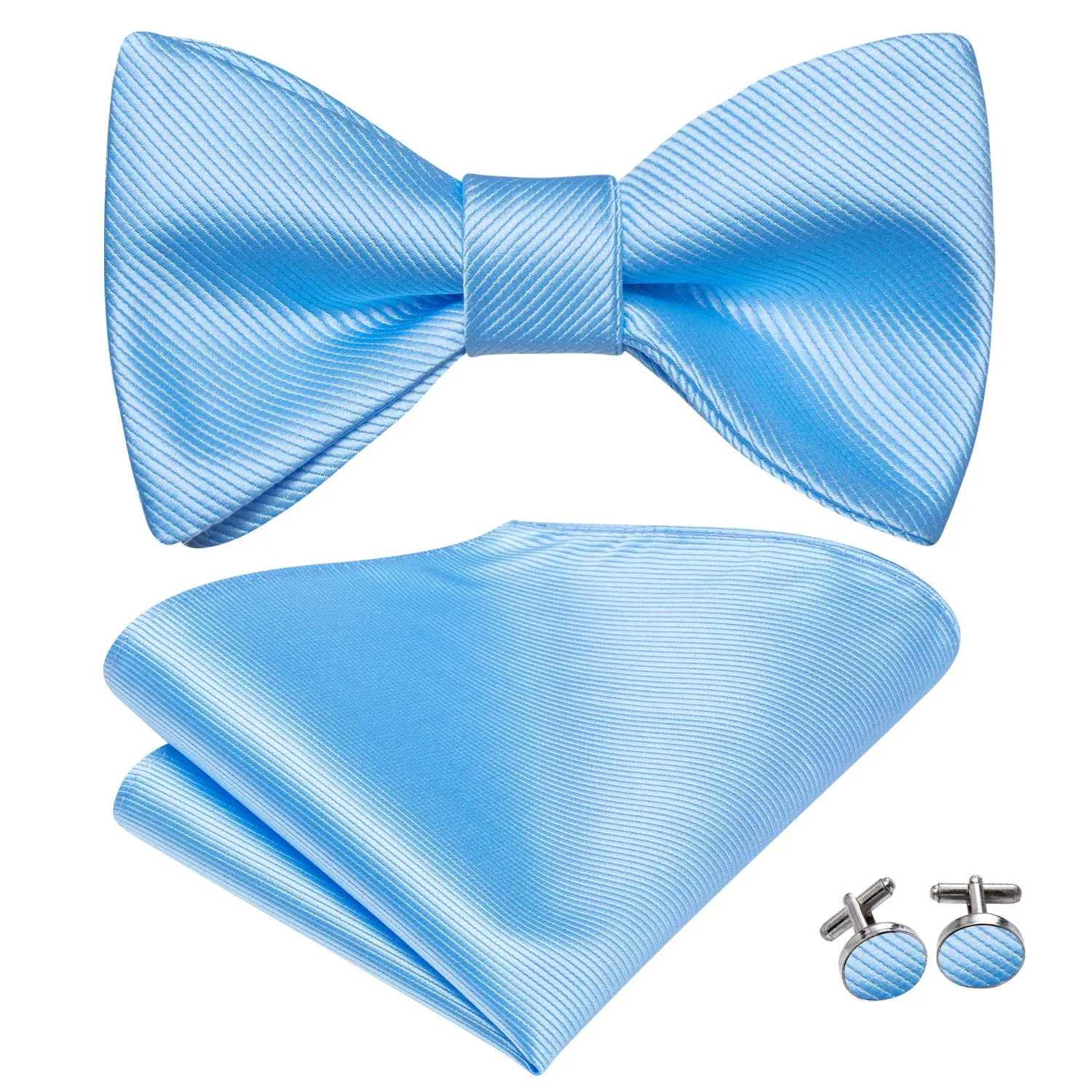 Light Blue Striped Silk Self-tied Bow Tie Pocket Square Cufflinks Set