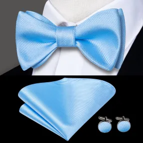 Light Blue Striped Silk Self-tied Bow Tie Pocket Square Cufflinks Set