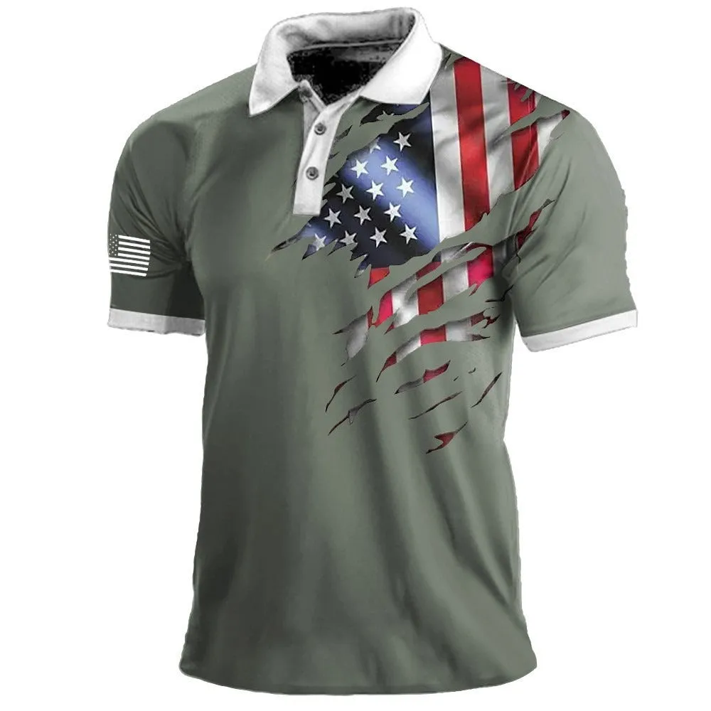 Men's American Flag Print Polo Shirt Sports Outdoor Lapel Short Sleeve Tee | 112