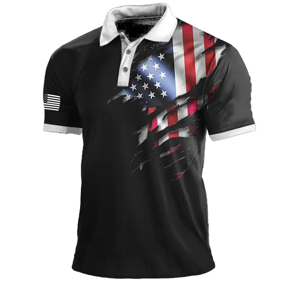 Men's American Flag Print Polo Shirt Sports Outdoor Lapel Short Sleeve Tee | 112