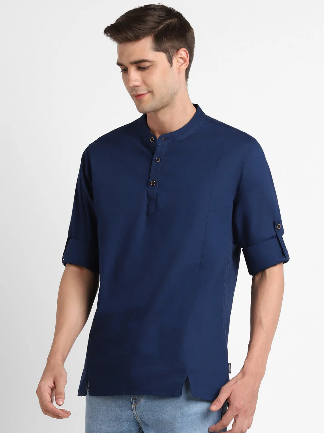 Men's Blue Cotton Full Sleeve Slim Fit Casual Solid Shirt