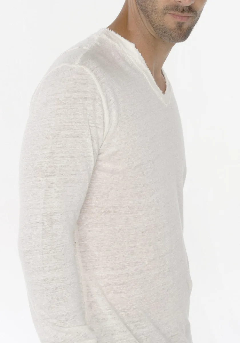 Men's Linen V Neck T-Shirt | Italian Style Jersey Linen, Fitted Long Sleeve Design, Item #1125