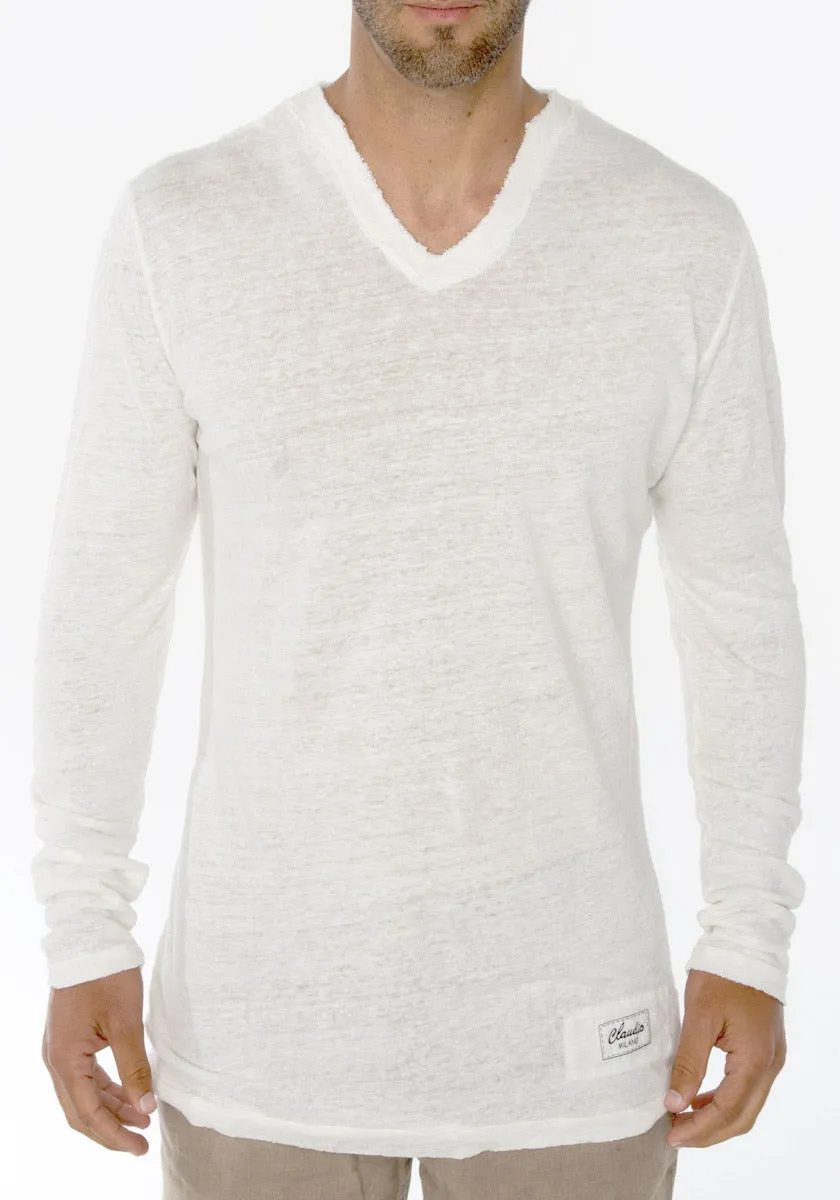 Men's Linen V Neck T-Shirt | Italian Style Jersey Linen, Fitted Long Sleeve Design, Item #1125