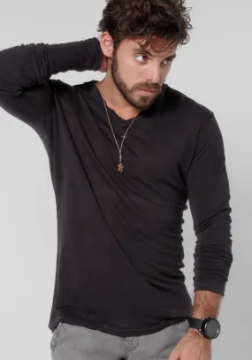 Men's Linen V Neck T-Shirt | Italian Style Jersey Linen, Fitted Long Sleeve Design, Item #1125