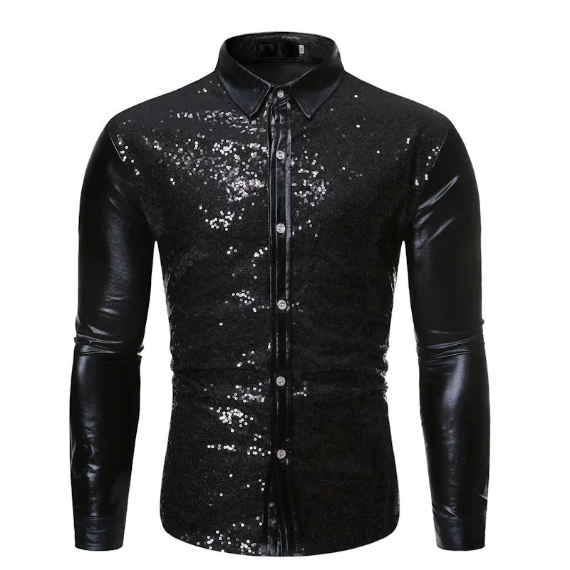 Men's Sequined Bronzing Patchwork Dance Shirt Slim Breathable Party Top | ZT-CS86