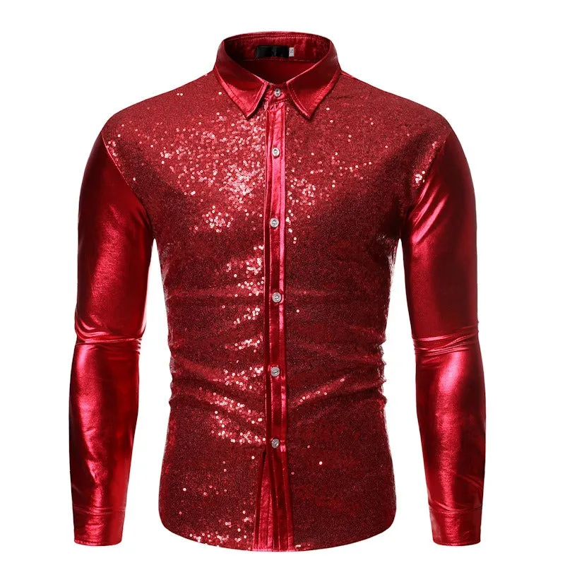 Men's Sequined Bronzing Patchwork Dance Shirt Slim Breathable Party Top | ZT-CS86