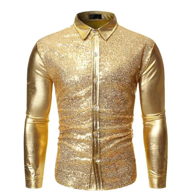 Men's Sequined Bronzing Patchwork Dance Shirt Slim Breathable Party Top | ZT-CS86