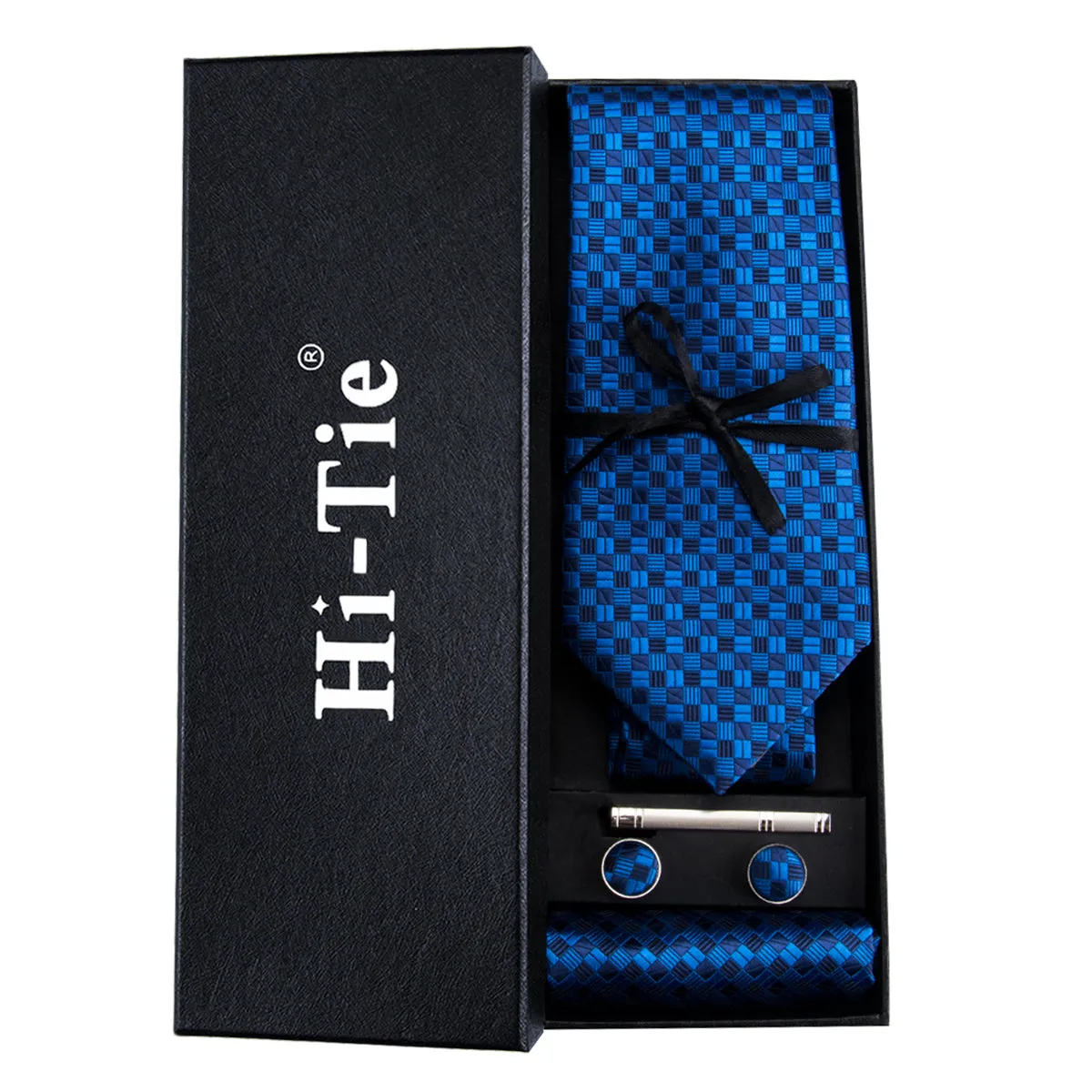 Navy Blue Checked Tie Pocket Square Cufflinks Set Gift Box Set