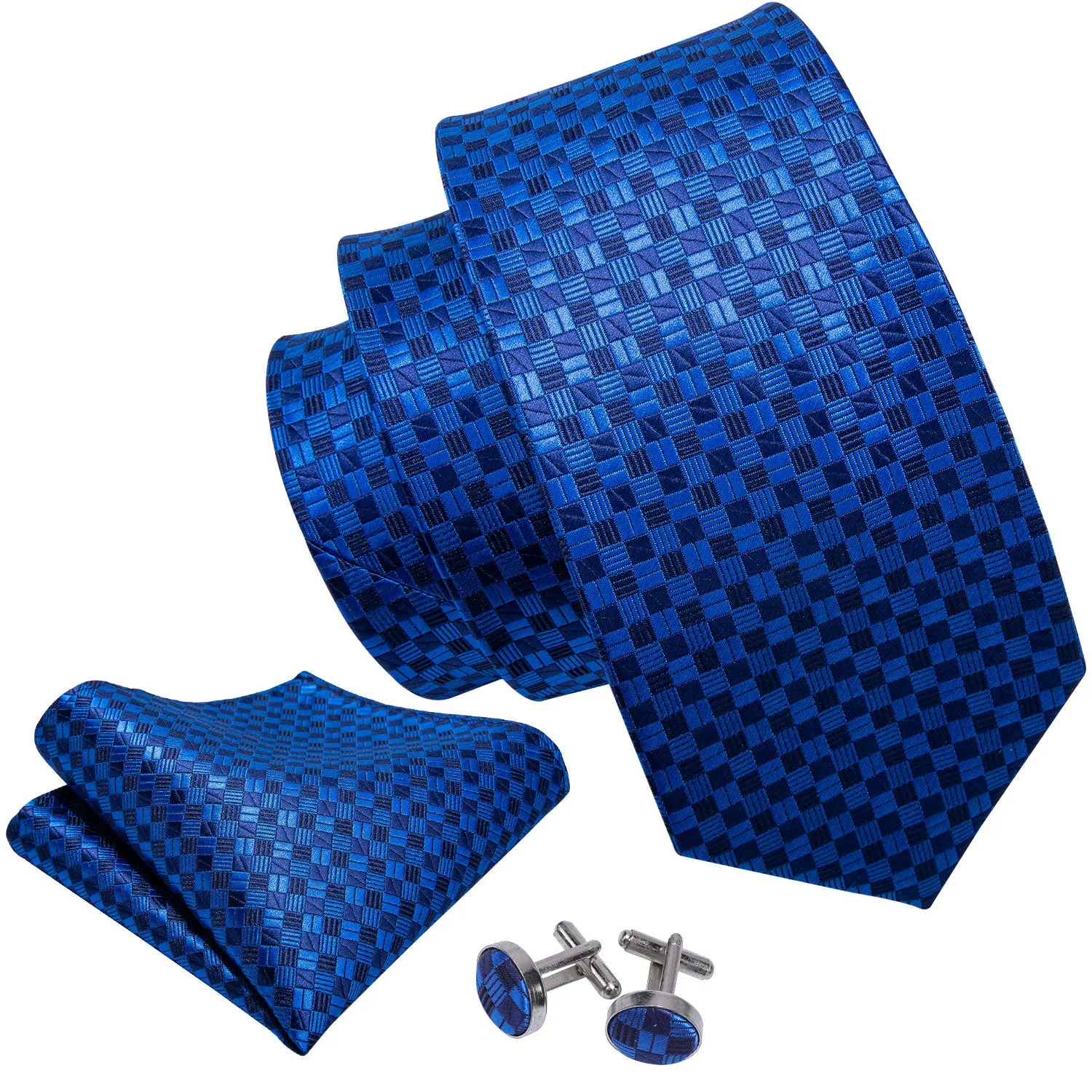 Navy Blue Checked Tie Pocket Square Cufflinks Set Gift Box Set