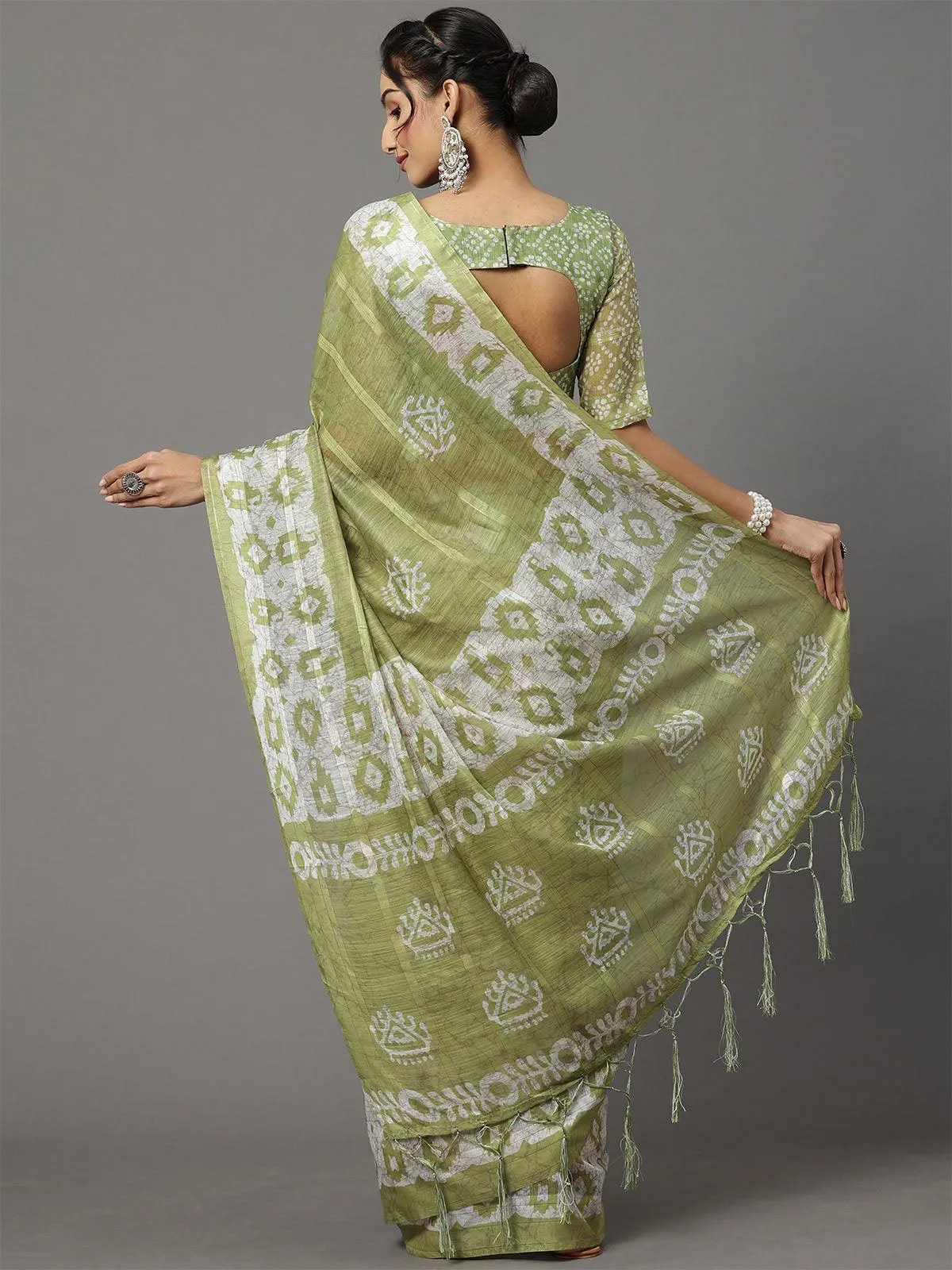 Odette Women Soft Silk Olive Printed Designer Saree With Blouse Piece