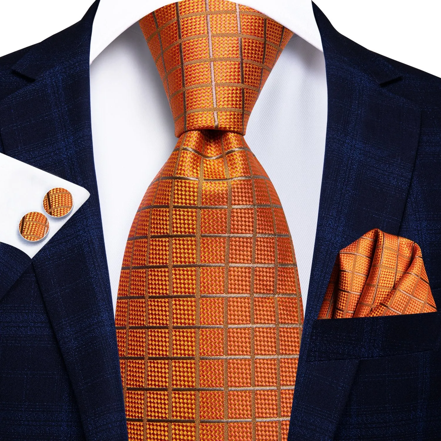 Orange Plaid Tie Handkerchief Cufflinks Set with Wedding Brooch