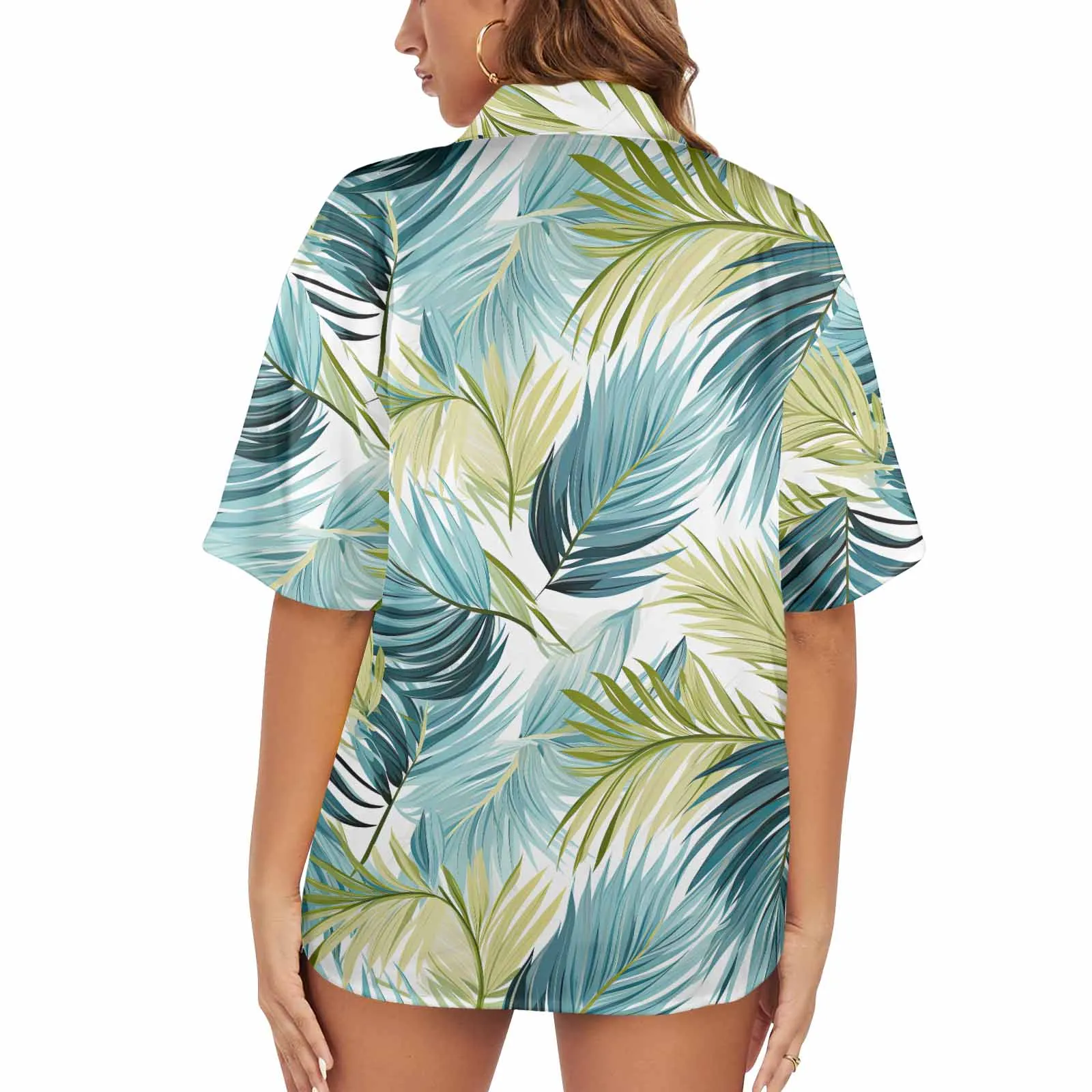 Palm Leaves Blue Green Women's Hawaiian Shirt