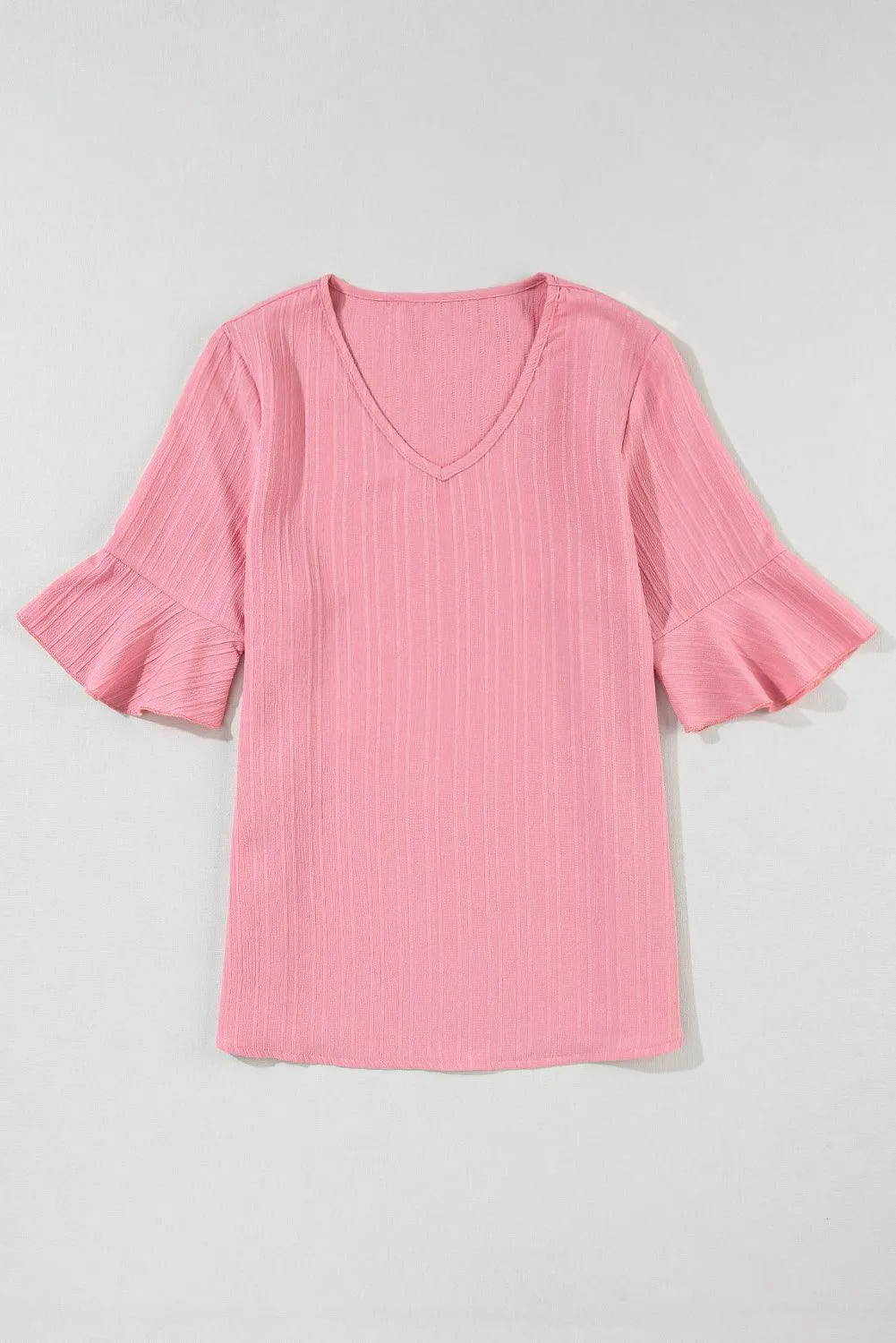 Peach Blossom Ruffled Half Sleeve V Neck Textured Top for Ladies