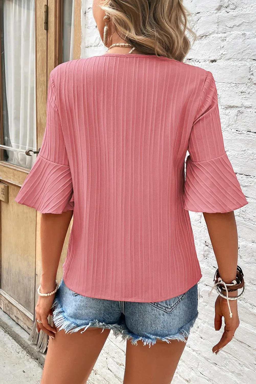 Peach Blossom Ruffled Half Sleeve V Neck Textured Top for Ladies