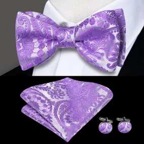 Purple Silver Paisley Silk Self-tied Bow Tie Pocket Square Cufflinks Set