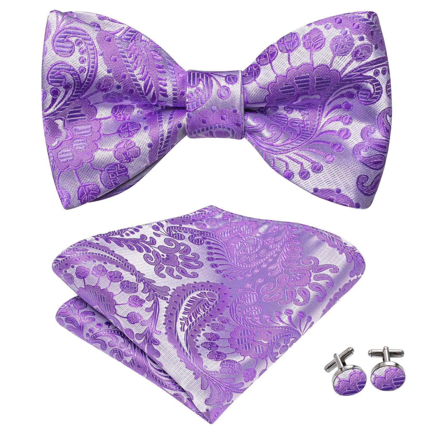 Purple Silver Paisley Silk Self-tied Bow Tie Pocket Square Cufflinks Set