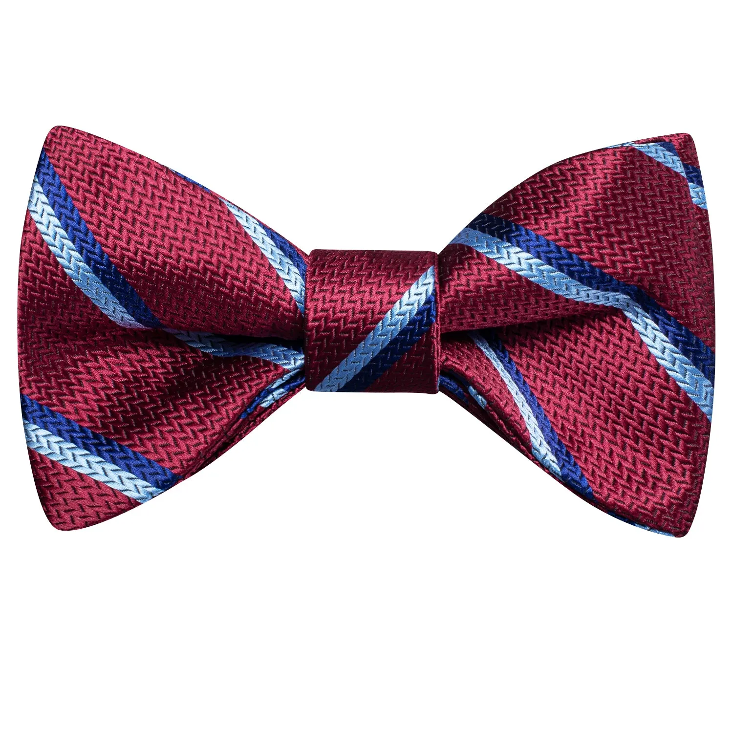 Red Blue Strip Weave Silk Self-tied Bow Tie Pocket Square Cufflinks Pin Set