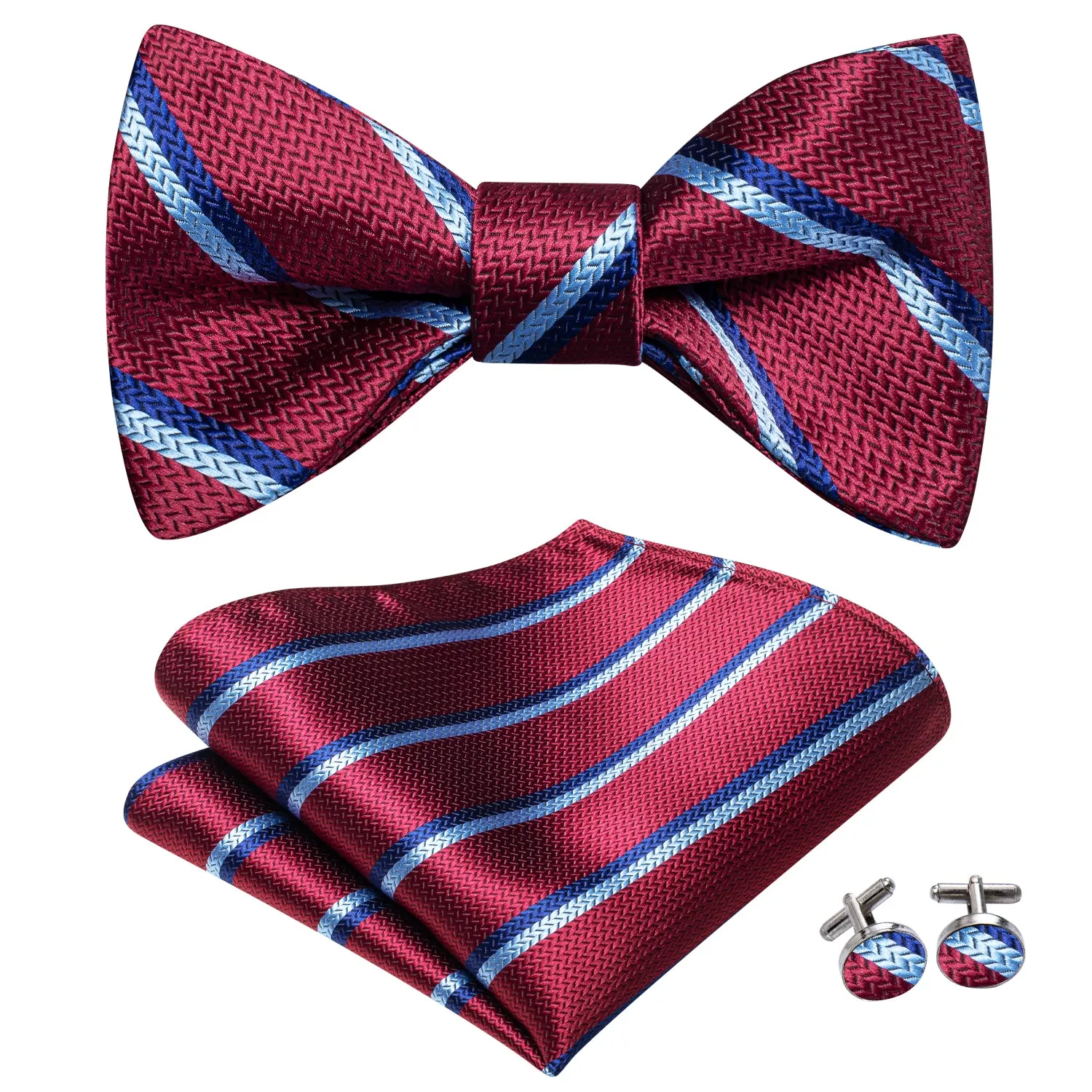 Red Blue Strip Weave Silk Self-tied Bow Tie Pocket Square Cufflinks Pin Set