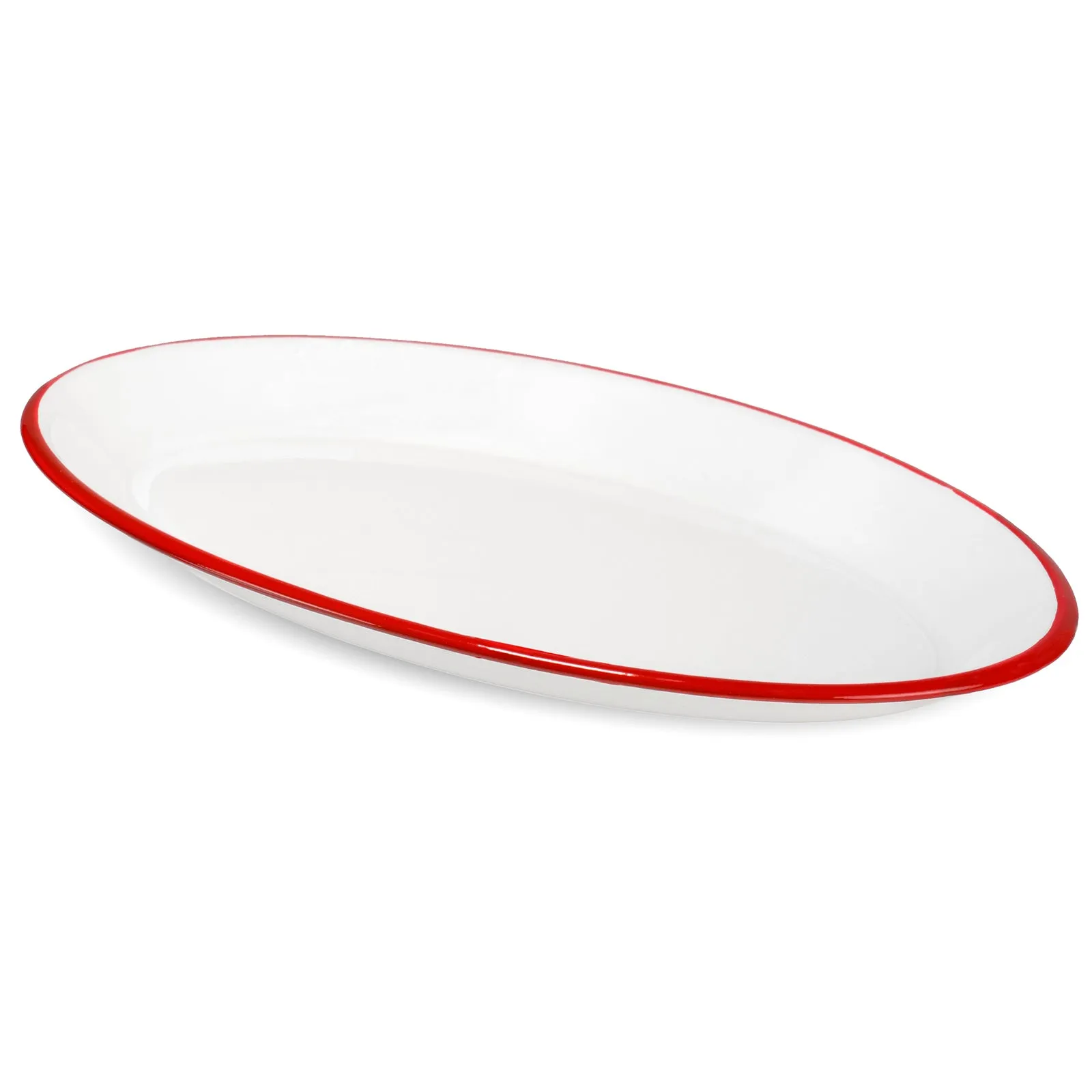 Red Co. Enamelware Metal Classic 13" Serving Oval Tray Platter, Solid White/Colored Rim